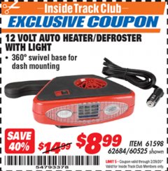 Harbor Freight ITC Coupon 12 VOLT AUTO HEATER/DEFROSTER WITH LIGHT Lot No. 61598/60525/96144 Expired: 2/29/20 - $8.99
