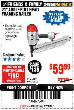 Harbor Freight Coupon 21 DEG ANGLE FULL HEAD FRAMING AIR NAILER Lot No. 69927/63175 Expired: 12/9/18 - $59.99