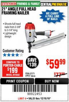 Harbor Freight Coupon 21 DEG ANGLE FULL HEAD FRAMING AIR NAILER Lot No. 69927/63175 Expired: 12/16/18 - $59.99