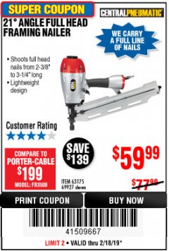Harbor Freight Coupon 21 DEG ANGLE FULL HEAD FRAMING AIR NAILER Lot No. 69927/63175 Expired: 2/18/19 - $59.99