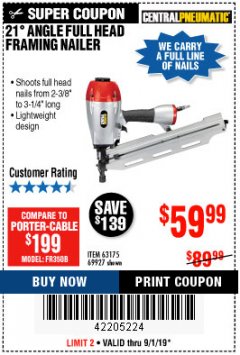 Harbor Freight Coupon 21 DEG ANGLE FULL HEAD FRAMING AIR NAILER Lot No. 69927/63175 Expired: 9/1/19 - $59.99