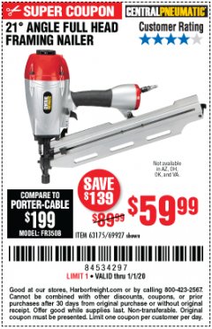 Harbor Freight Coupon 21 DEG ANGLE FULL HEAD FRAMING AIR NAILER Lot No. 69927/63175 Expired: 1/1/20 - $59.99