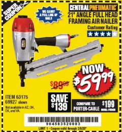 Harbor Freight Coupon 21 DEG ANGLE FULL HEAD FRAMING AIR NAILER Lot No. 69927/63175 Expired: 2/8/20 - $59.99
