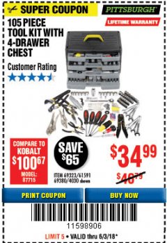 Harbor Freight Coupon 105 PIECE TOOL KIT WITH 4-DRAWER CHEST Lot No. 69323/69380/61591 Expired: 6/3/18 - $34.99