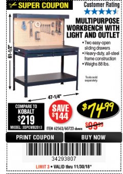 Harbor Freight Coupon MULTIPURPOSE WORKBENCH WITH LIGHTING AND OUTLET Lot No. 62563/60723/99681 Expired: 11/30/18 - $74.99