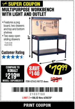 Harbor Freight Coupon MULTIPURPOSE WORKBENCH WITH LIGHTING AND OUTLET Lot No. 62563/60723/99681 Expired: 6/30/20 - $79.99