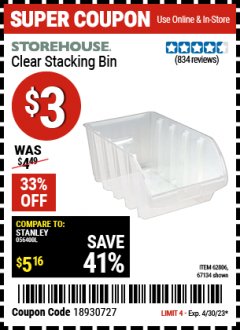 Harbor Freight Coupon CLEAR STACKING BIN Lot No. 62806 Expired: 4/30/23 - $3