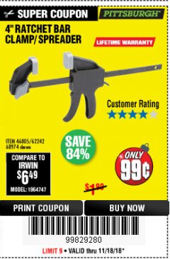 Harbor Freight Coupon 4" RATCHETING BAR CLAMP/SPREADER Lot No. 46805/62242/68974 Expired: 11/18/18 - $0.99