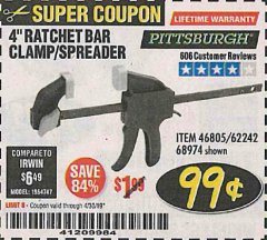 Harbor Freight Coupon 4" RATCHETING BAR CLAMP/SPREADER Lot No. 46805/62242/68974 Expired: 4/30/19 - $0.99