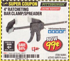 Harbor Freight Coupon 4" RATCHETING BAR CLAMP/SPREADER Lot No. 46805/62242/68974 Expired: 11/30/19 - $0.99