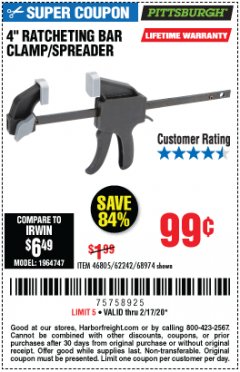 Harbor Freight Coupon 4" RATCHETING BAR CLAMP/SPREADER Lot No. 46805/62242/68974 Expired: 2/17/20 - $0.99