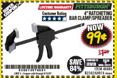 Harbor Freight Coupon 4" RATCHETING BAR CLAMP/SPREADER Lot No. 46805/62242/68974 Expired: 6/30/20 - $0.99
