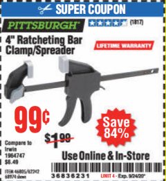 Harbor Freight Coupon 4" RATCHETING BAR CLAMP/SPREADER Lot No. 46805/62242/68974 Expired: 9/24/20 - $0.99