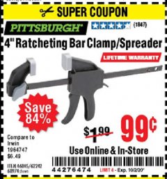 Harbor Freight Coupon 4" RATCHETING BAR CLAMP/SPREADER Lot No. 46805/62242/68974 Expired: 10/2/20 - $0.99