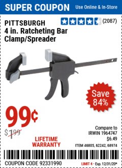 Harbor Freight Coupon 4" RATCHETING BAR CLAMP/SPREADER Lot No. 46805/62242/68974 Expired: 12/31/20 - $0.99