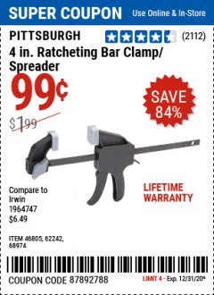 Harbor Freight Coupon 4" RATCHETING BAR CLAMP/SPREADER Lot No. 46805/62242/68974 Expired: 12/31/20 - $0.99