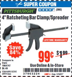 Harbor Freight Coupon 4" RATCHETING BAR CLAMP/SPREADER Lot No. 46805/62242/68974 Expired: 1/15/21 - $0.99