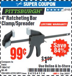 Harbor Freight Coupon 4" RATCHETING BAR CLAMP/SPREADER Lot No. 46805/62242/68974 Expired: 2/5/21 - $0.99