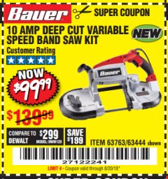 Harbor Freight Coupon BAUER 10 AMP DEEP CUT VARIABLE-SPEED BAND SAW Lot No. 64194/63444 Expired: 8/20/18 - $99.99