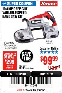 Harbor Freight Coupon BAUER 10 AMP DEEP CUT VARIABLE-SPEED BAND SAW Lot No. 64194/63444 Expired: 1/27/19 - $99.99