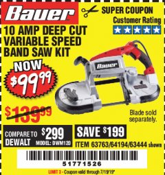 Harbor Freight Coupon BAUER 10 AMP DEEP CUT VARIABLE-SPEED BAND SAW Lot No. 64194/63444 Expired: 7/19/19 - $99.99