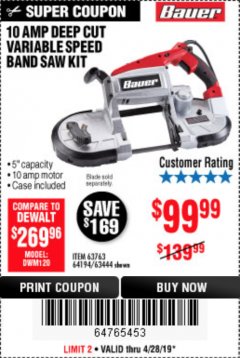 Harbor Freight Coupon BAUER 10 AMP DEEP CUT VARIABLE-SPEED BAND SAW Lot No. 64194/63444 Expired: 4/28/19 - $99.99