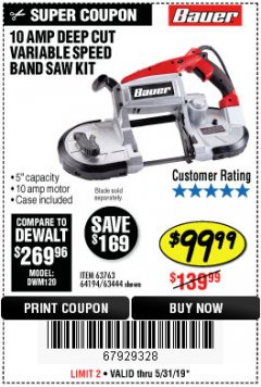 Harbor Freight Coupon BAUER 10 AMP DEEP CUT VARIABLE-SPEED BAND SAW Lot No. 64194/63444 Expired: 5/31/19 - $99.99