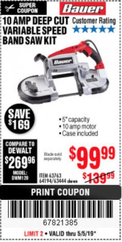 Harbor Freight Coupon BAUER 10 AMP DEEP CUT VARIABLE-SPEED BAND SAW Lot No. 64194/63444 Expired: 5/5/19 - $99.99