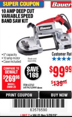 Harbor Freight Coupon BAUER 10 AMP DEEP CUT VARIABLE-SPEED BAND SAW Lot No. 64194/63444 Expired: 5/20/19 - $99.99