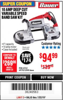 Harbor Freight Coupon BAUER 10 AMP DEEP CUT VARIABLE SPEED BAND SAW KIT Lot No. 63763/64194/63444 Expired: 7/22/19 - $94.99
