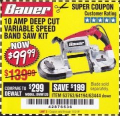 Harbor Freight Coupon BAUER 10 AMP DEEP CUT VARIABLE SPEED BAND SAW KIT Lot No. 63763/64194/63444 Expired: 11/12/19 - $99.99