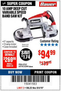 Harbor Freight Coupon BAUER 10 AMP DEEP CUT VARIABLE SPEED BAND SAW KIT Lot No. 63763/64194/63444 Expired: 8/4/19 - $94.99