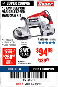 Harbor Freight Coupon BAUER 10 AMP DEEP CUT VARIABLE-SPEED BAND SAW Lot No. 64194/63444 Expired: 8/4/19 - $94.99