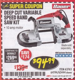 Harbor Freight Coupon BAUER 10 AMP DEEP CUT VARIABLE SPEED BAND SAW KIT Lot No. 63763/64194/63444 Expired: 8/31/19 - $94.99