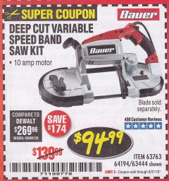Harbor Freight Coupon BAUER 10 AMP DEEP CUT VARIABLE-SPEED BAND SAW Lot No. 64194/63444 Expired: 8/31/19 - $94.99