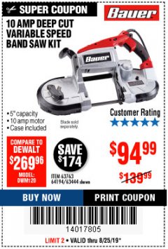 Harbor Freight Coupon BAUER 10 AMP DEEP CUT VARIABLE SPEED BAND SAW KIT Lot No. 63763/64194/63444 Expired: 8/25/19 - $94.99