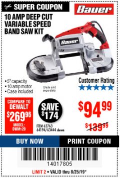 Harbor Freight Coupon BAUER 10 AMP DEEP CUT VARIABLE-SPEED BAND SAW Lot No. 64194/63444 Expired: 8/25/19 - $94.99