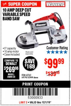 Harbor Freight Coupon BAUER 10 AMP DEEP CUT VARIABLE SPEED BAND SAW KIT Lot No. 63763/64194/63444 Expired: 12/1/19 - $99.99