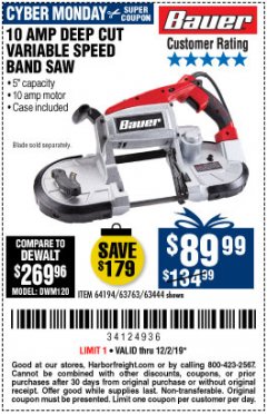 Harbor Freight Coupon BAUER 10 AMP DEEP CUT VARIABLE-SPEED BAND SAW Lot No. 64194/63444 Expired: 12/2/19 - $89.99