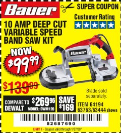 Harbor Freight Coupon BAUER 10 AMP DEEP CUT VARIABLE-SPEED BAND SAW Lot No. 64194/63444 Expired: 1/27/20 - $99.99