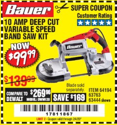 Harbor Freight Coupon BAUER 10 AMP DEEP CUT VARIABLE SPEED BAND SAW KIT Lot No. 63763/64194/63444 Expired: 2/4/20 - $99.99