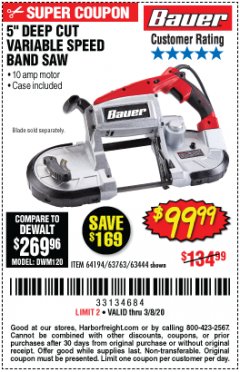 Harbor Freight Coupon BAUER 10 AMP DEEP CUT VARIABLE SPEED BAND SAW KIT Lot No. 63763/64194/63444 Expired: 2/8/20 - $99.99