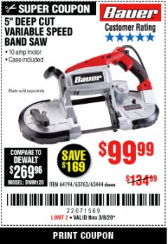 Harbor Freight Coupon BAUER 10 AMP DEEP CUT VARIABLE SPEED BAND SAW KIT Lot No. 63763/64194/63444 Expired: 3/8/20 - $99.99