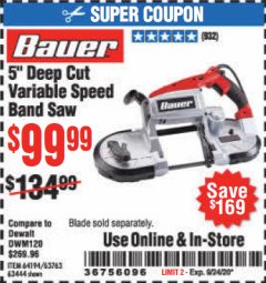 Harbor Freight Coupon BAUER 10 AMP DEEP CUT VARIABLE SPEED BAND SAW KIT Lot No. 63763/64194/63444 Expired: 9/24/20 - $99.99