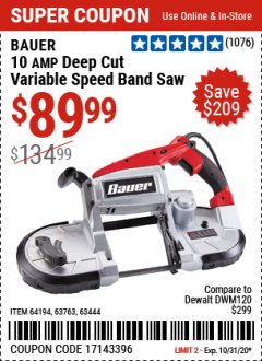 Harbor Freight Coupon BAUER 10 AMP DEEP CUT VARIABLE-SPEED BAND SAW Lot No. 64194/63444 Expired: 10/31/20 - $89.99