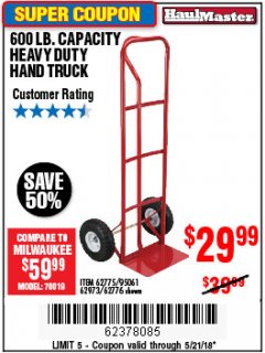 Harbor Freight Coupon HEAVY DUTY HAND TRUCK Lot No. 62775/3163/62776/62973/95061 Expired: 5/21/18 - $29.99