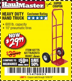 Harbor Freight Coupon HEAVY DUTY HAND TRUCK Lot No. 62775/3163/62776/62973/95061 Expired: 10/30/18 - $29.99