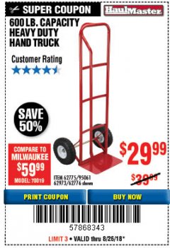 Harbor Freight Coupon HEAVY DUTY HAND TRUCK Lot No. 62775/3163/62776/62973/95061 Expired: 8/26/18 - $29.99