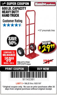 Harbor Freight Coupon HEAVY DUTY HAND TRUCK Lot No. 62775/3163/62776/62973/95061 Expired: 10/21/18 - $29.99