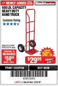Harbor Freight Coupon HEAVY DUTY HAND TRUCK Lot No. 62775/3163/62776/62973/95061 Expired: 12/2/18 - $29.99